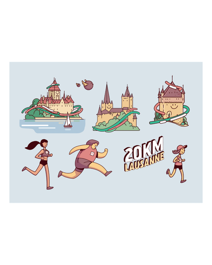 POCHETTE DE 8 STICKERS – 20KM LAUSANNE X PA ROCHAT (ÉDITION 2026)